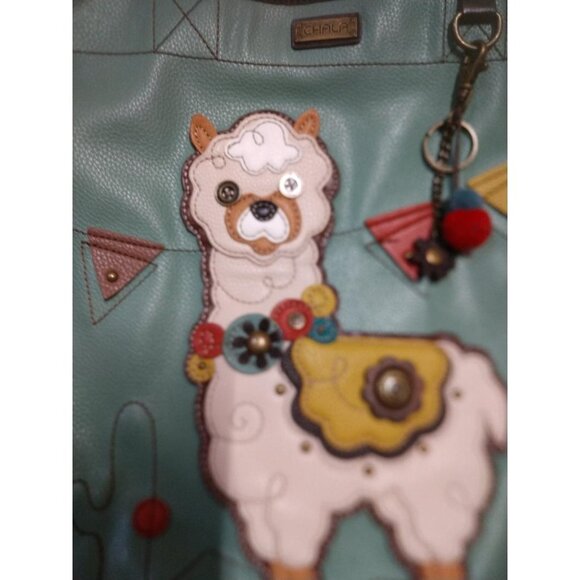 Chala Llama Tote Bag With Polka Dot Lining Vegan Leather Aqua & Brown Womens Han - Picture 4 of 8